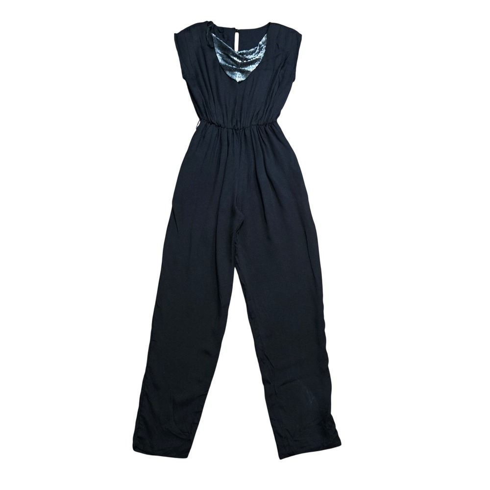 Vintage Sleeveless Black Jumpsuit Metallic Silver Mesh Cowl Neck Glam S 80s 90s
